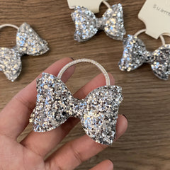 Girls Elegant Lightweight Solid Silver Glitter Bowknot Hair Ties Small Fashion Accessories for Children Sweet Style