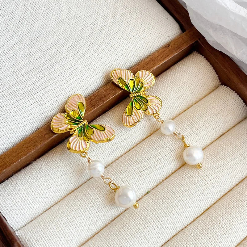 Fashion Butterfly Freshwater Pearl S925 Silver 18K Gold Plated Drop Earrings for Girls Trendy Sweet Jewelry for Women Ladies