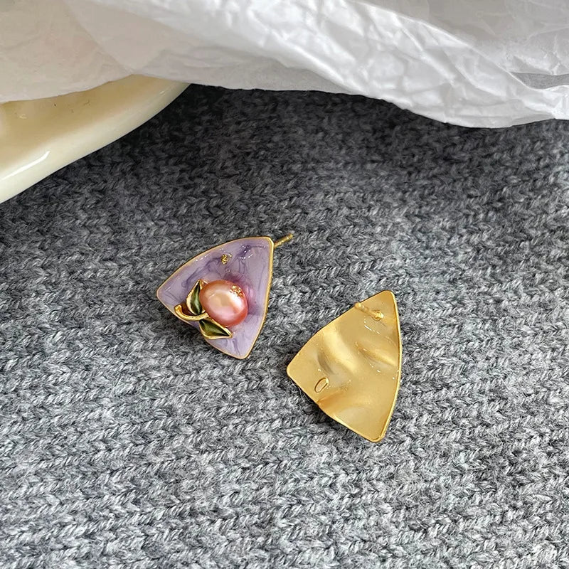 Girls Drip Glaze Hand-Painted Graffiti Purple Pink Flower Freshwater Pearl S925 Silver Stud Earring Elegant Trendy Jewelry