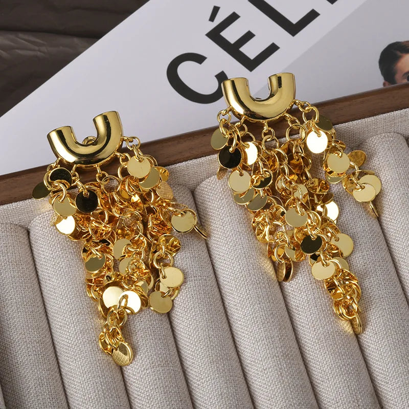 European and American Metal Style Sequined Tassel Stud Earrings  Elegant Statement Fashionable Grunge Ear Accessories Wholesale