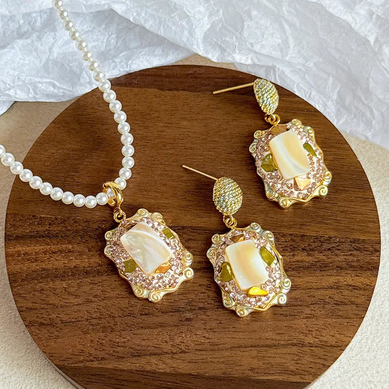Fashion S925 Silver White Mother of Pearl Blue Pyrite Chips Jewelry Sets for Girls Sweet Earring Necklaces for Women Ladies