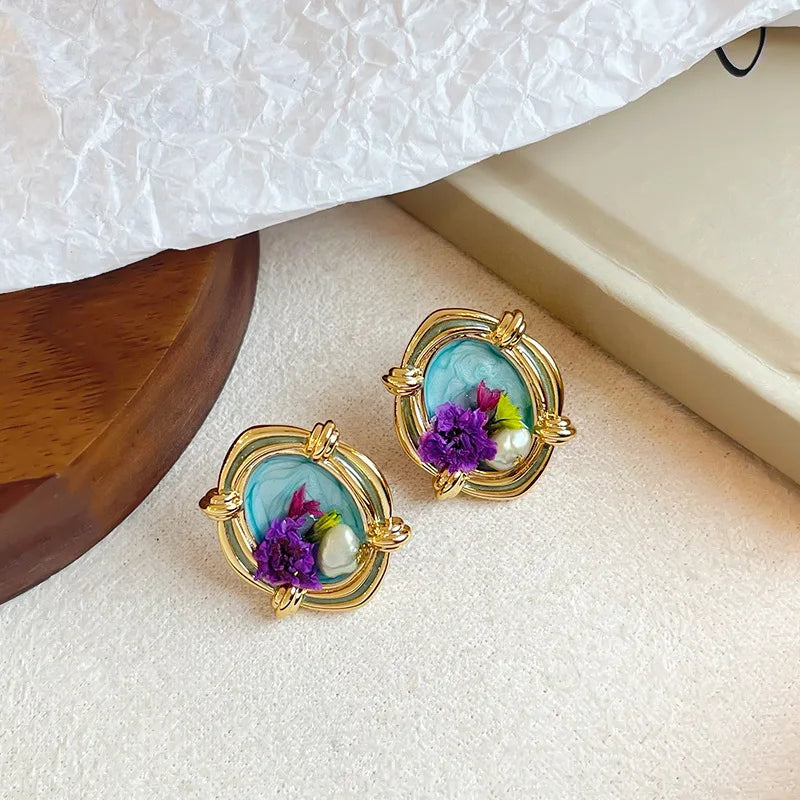 Female Elegant Freshwater Pearl S925 Silver Dried Flowers Hand-Painted Drip Glaze Stud Earring Fashion in Stock Party Jewelry