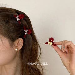 Women 2025 Hot Sale Red Solid Color Bowknot Mini Hair Claw Clips Snap Clips Fashion Elegant Customized Bulk Order Hair Accessory
