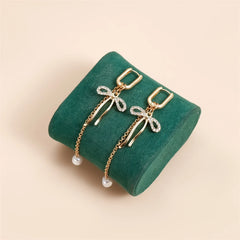 Fashion Bowknot Imitation Pearl Glitter Drop Earrings for Girls Sweet Elegant Glamorous Jewelry for Women Ladies Accessories