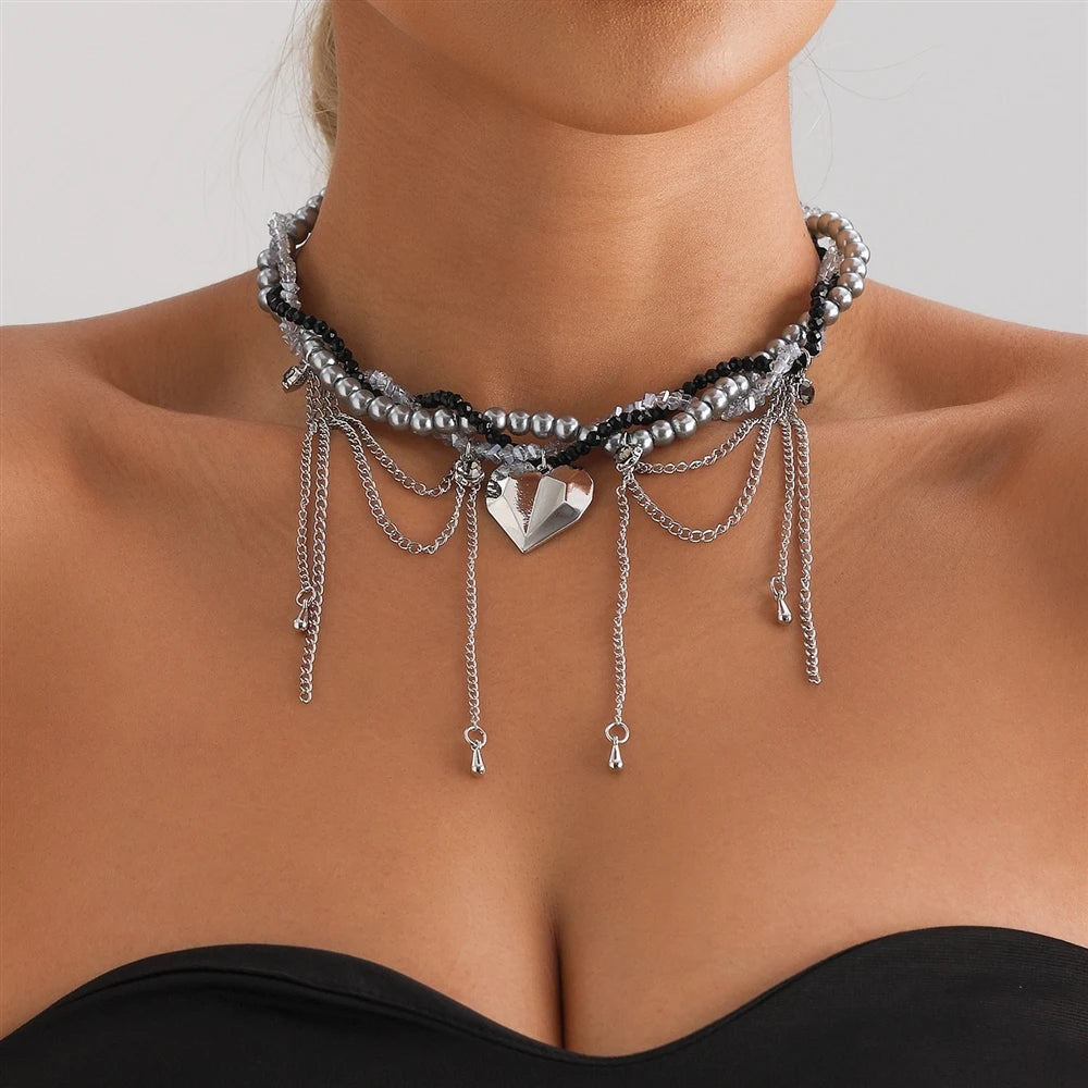 Fashion Tassel Layered Wearing Heart Necklaces for Girls Sweet Cute Glamorous Charms Jewellry for Women Ladies Accessories