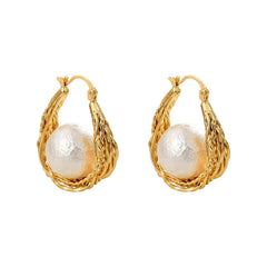 Niche Designer Earring Woven Hemp Pattern Luxury High-end Beads Imitation Pearl Earrings Cold Style Hollow Women's  Earring New