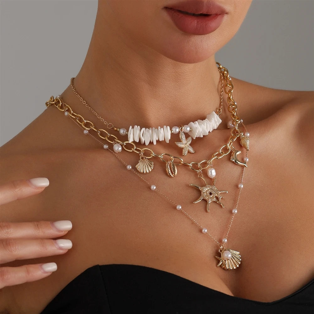 Fashion Boho Beach Ocean Shell Layered Wearing Necklaces for Girls Luxury Sweet Elegant Jewelry for Women Ladies Accessories