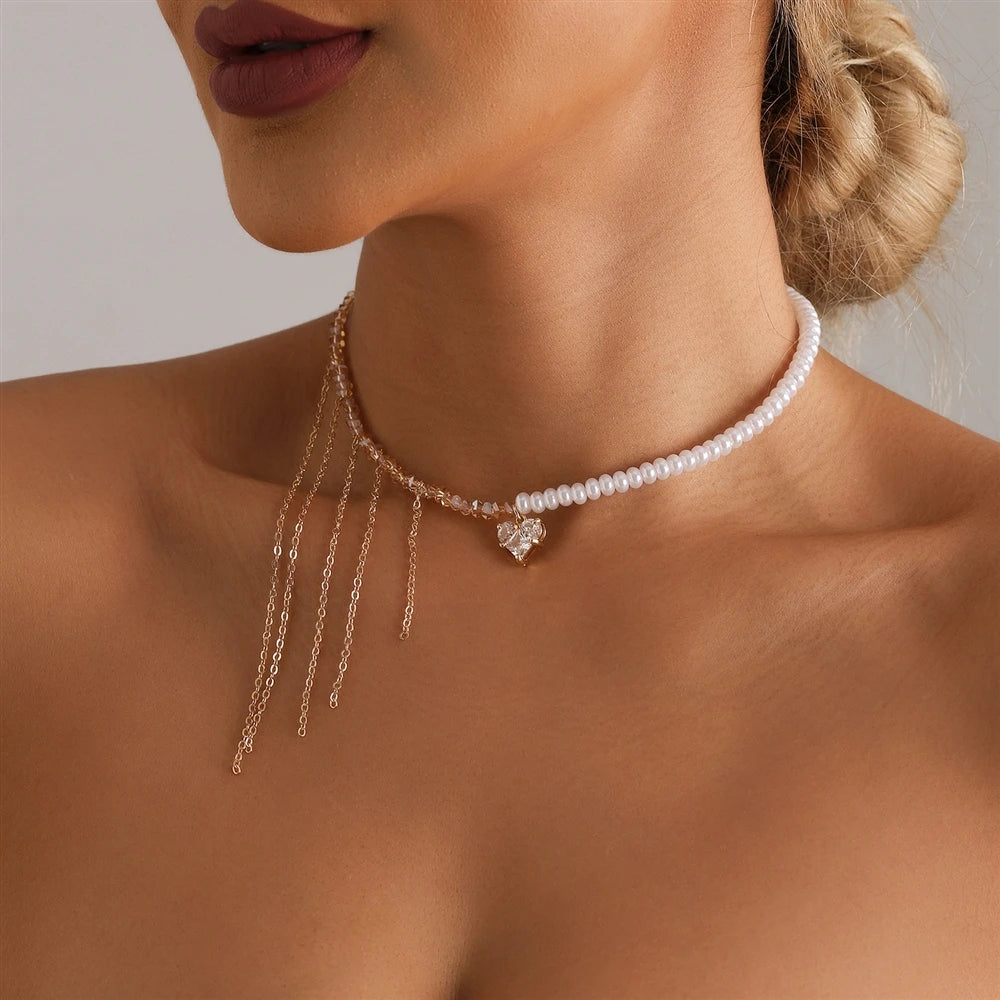 Fashion Tassel Heart Shaped Imitation Pearl Glitter Necklaces for Girls Sweet Elegant Jewelry for Women Ladies Accessories
