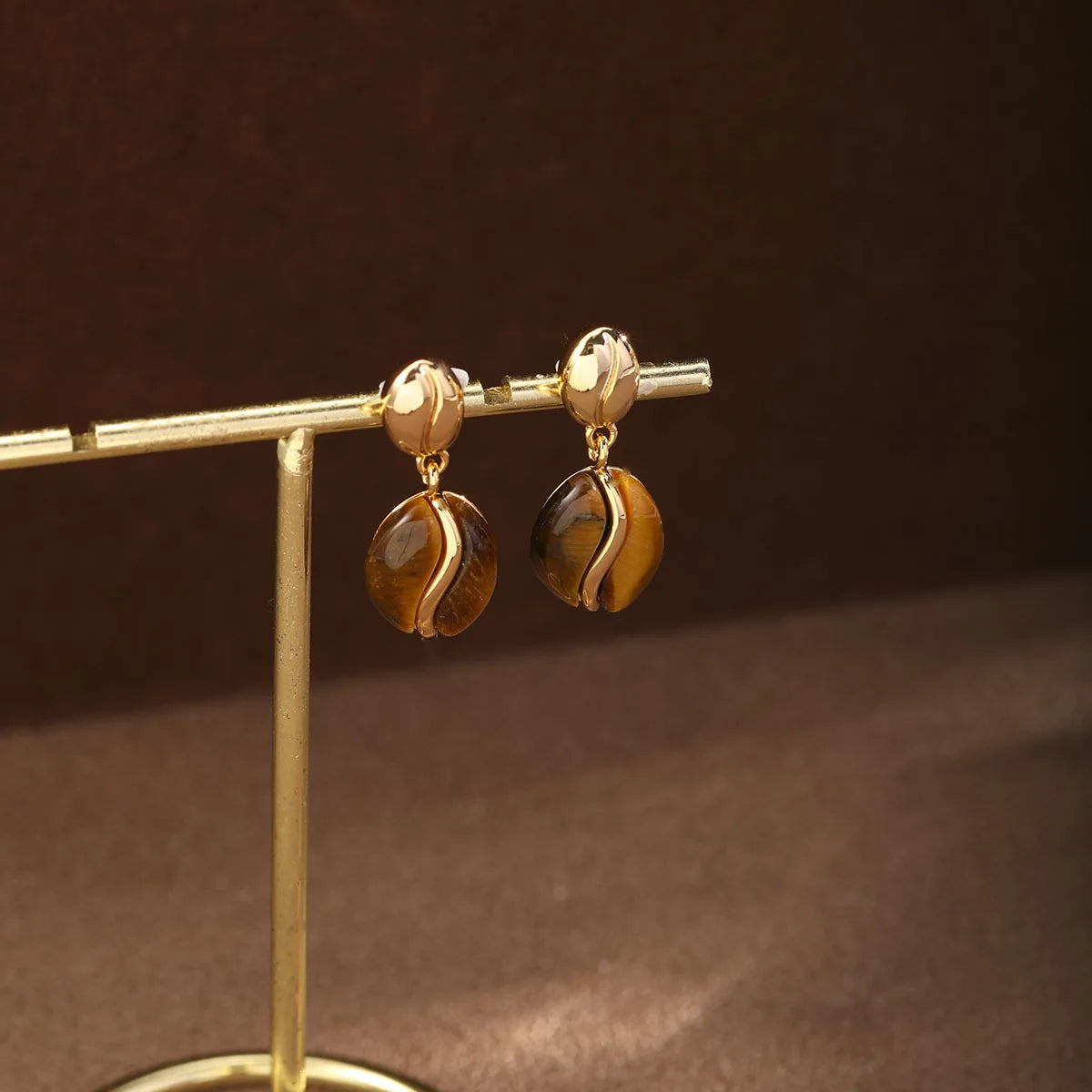 Fashion Tiger Eye Stone Copper 18K Gold Plated Drop Earrings for Girls Elegant Vintage Jewelry for Women Ladies Wholesale Bulk