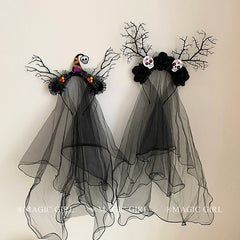 Halloween Black Branch Rose Veil Headband for Women Funny Skeleton Ghost Bride Mesh Hair Band Glow in the Dark Hair Accessories