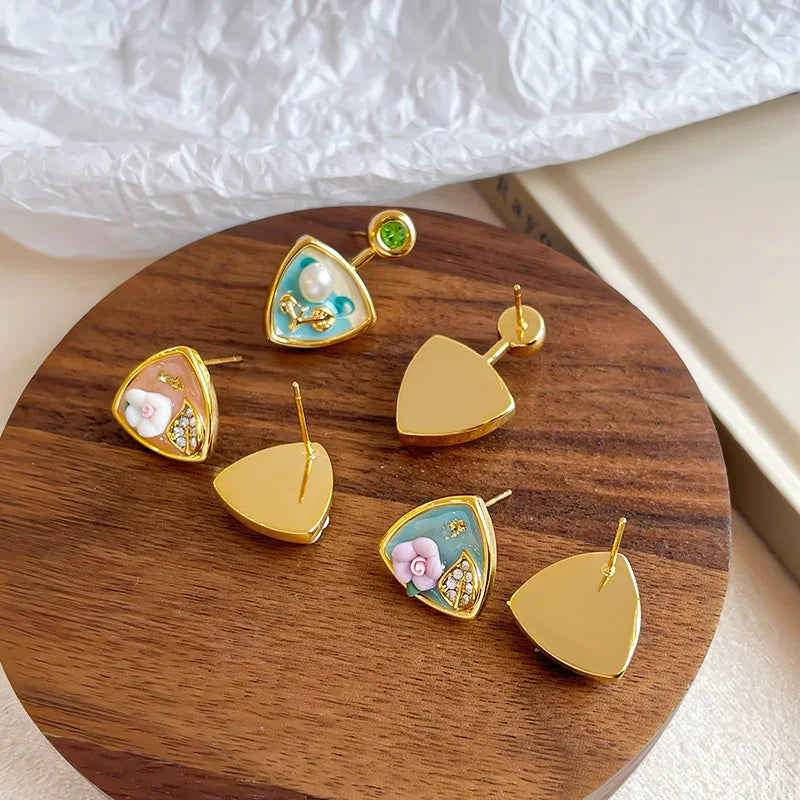 Women Triangle Flower Pink Green S925 Silver 18k Gold-plated Stud Earring Elegant Fashion Low MOQ in Stock Jewelry for Female