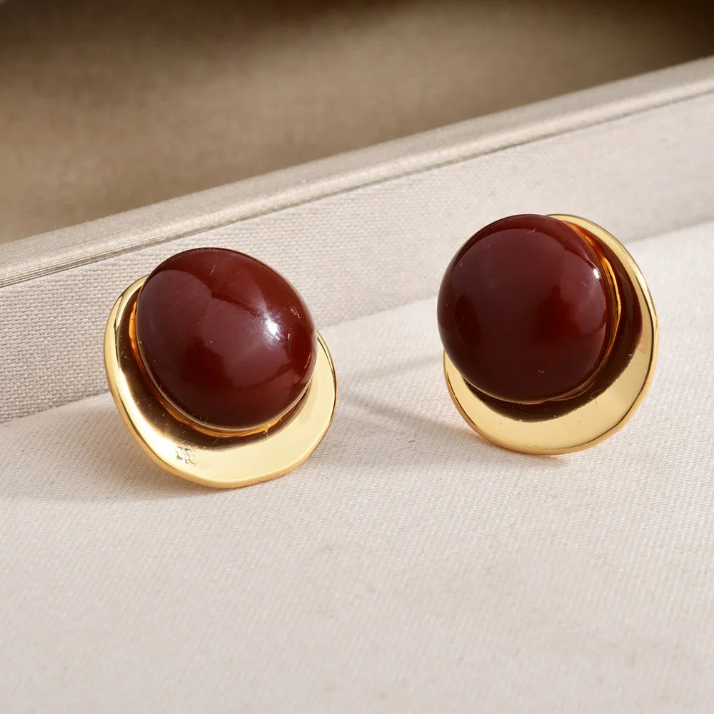 Vintage Burgundy Enamel Stud Earrings Gold Plated Geometric Square Round Minimalist Elegant French Style Ear Jewelry Women Bulk