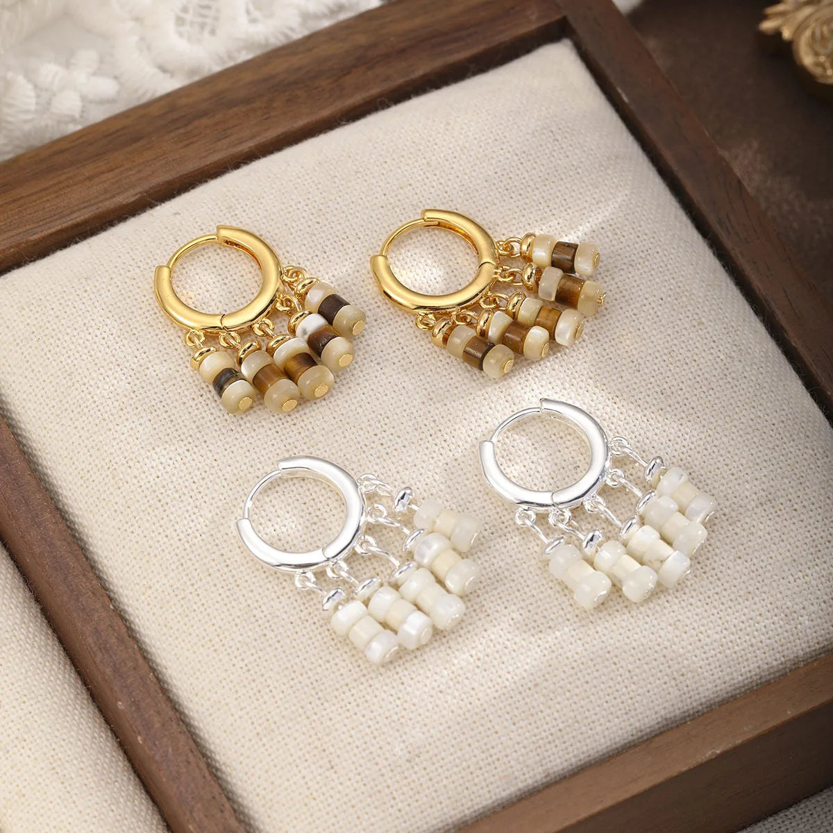 Fashion Tiger Eye Stone Shell Copper 18K Gold Hoop Earrings for Girls Vintage Luxury Jewelry for Women Ladies Wholesale Bulk