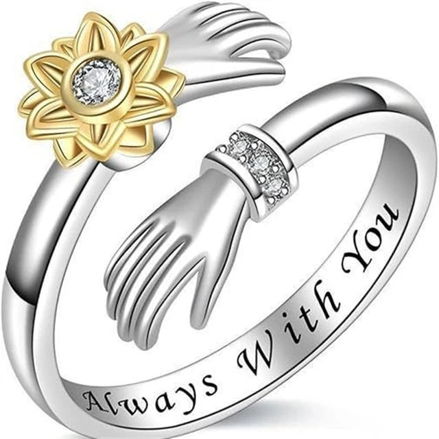 Best Seller Adjustable Sunflower-rotating Silver Ring with Zircon Simple Forest-style Double-hand Embrace Rings Women Jewelry