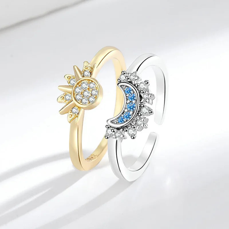 Women's Simple Design Sun Moon Shining Stacked Ring with Zircon Glitter Elegant Ring European and American Custom Jewelry Bulk