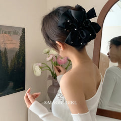 Solid Color French Princess Style Bowknot Imitation Pearl Hair Claw Clips Women's Daily Hair Accessories Ladies Fabric Hair