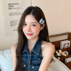 Minimalistic Flower Bowknot Hair Clip Simple Denim Heart Shaped Hair Accessory for Girls Women Alloy Fabric Material for Parties