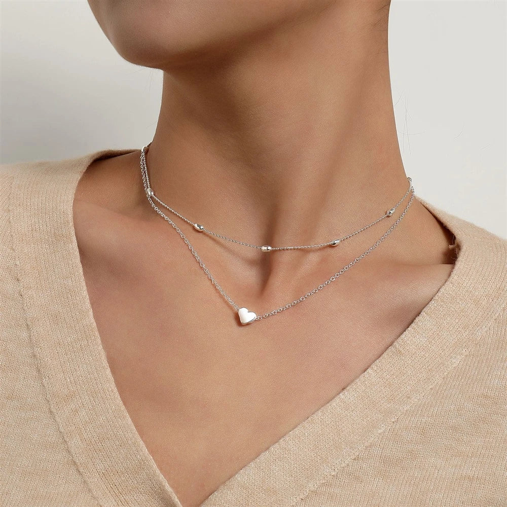 Fashion Simple Heart Minimalistic Layered Wearing Necklaces for Girls Sweet Cute Elegant Jewelry for Women Ladies Accessories