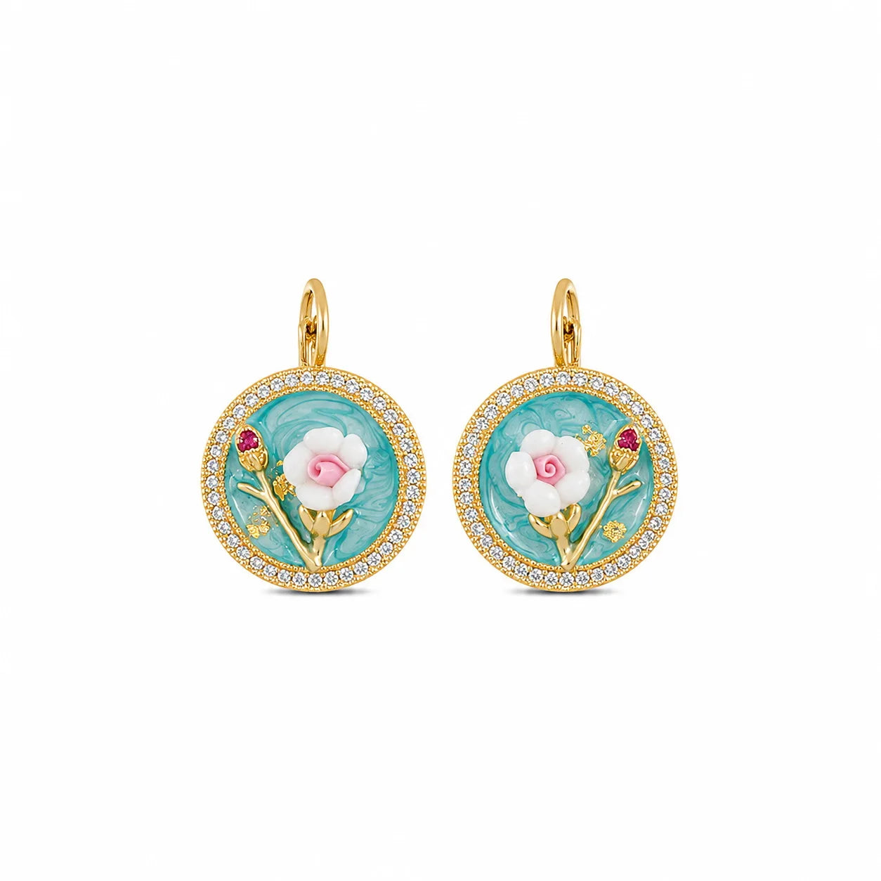 Women Green Shell Flower 18k Gold-plated Zircon Drip Glaze Hand-Painted Graffiti Stud Hoop Earring Low MOQ in Stock for Causal