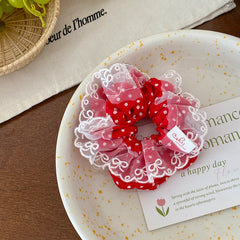 Girls Red Lace Dots Grid Small Scrunchies Fashion Sweet Wholesale in Stock Hair Ties Accessories for Children Daily School Use