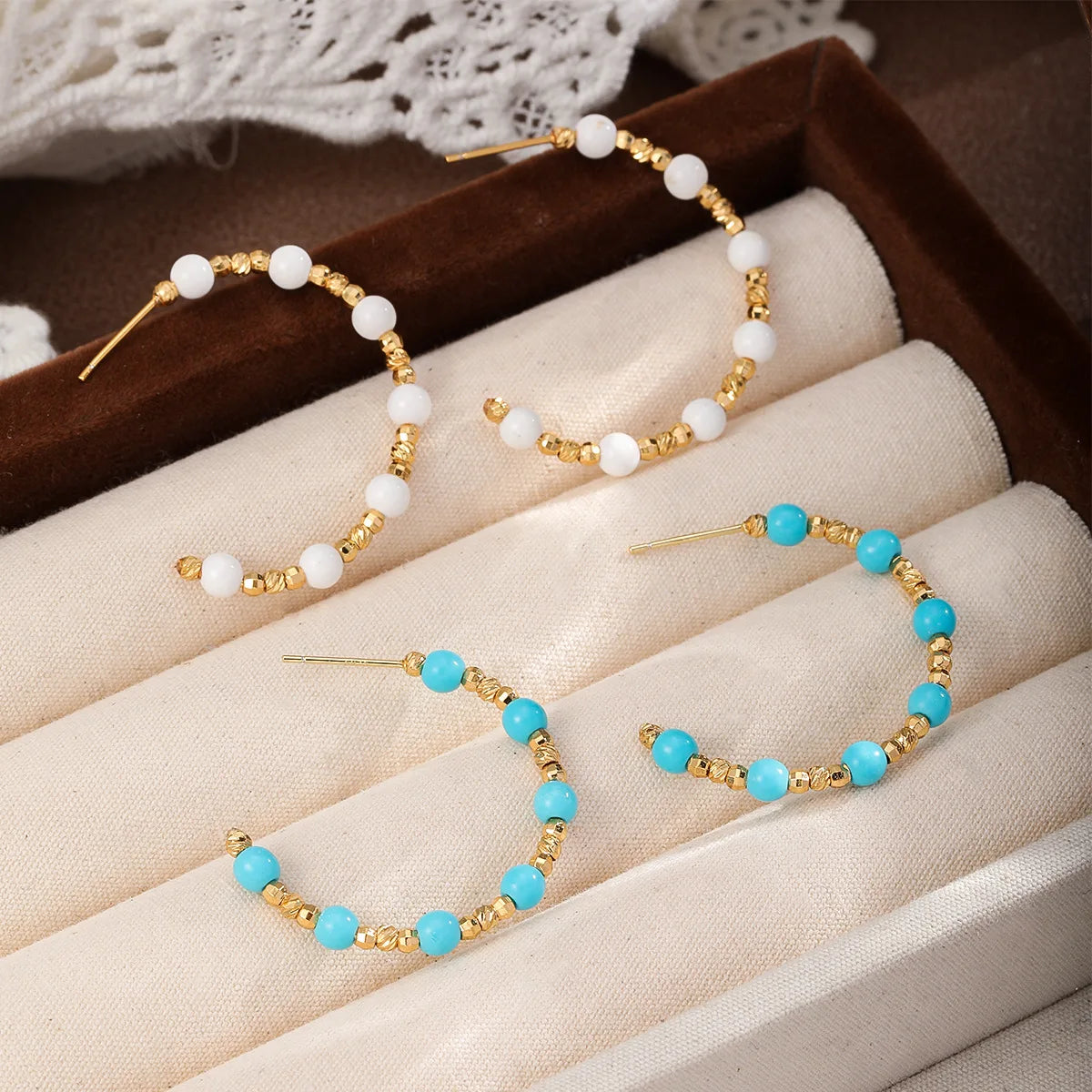 Fashion Blue Turquoise Trendy Stylish Hoop Earrings for Girls Simple Classic Copper Beads Jewelry for Women Ladies Wholesale