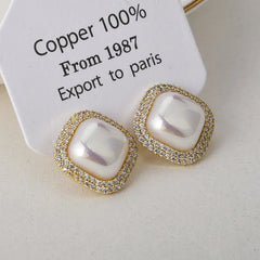 Light Luxury High-End Imitation Pearl Stud Earrings Women's Geometric Zircon Korean Sweet Elegant Fashion Earrings Jewelry Bulk