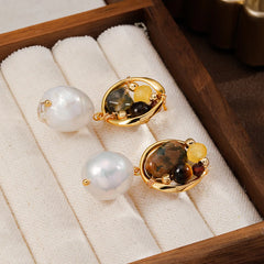 Fashion S925 Silver Baroque Pearl African Turquoise Red Agate Tiger Eye Stone Natural 18K Gold Plated Drop Earrings Jewelry