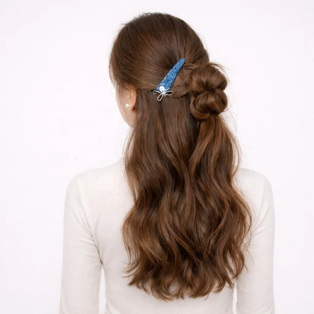 Fashion Cute Snap Clips Blue Fabric Bow Glitter Hair Clips for Women Sweet Design Casual  Hairpin Hair Accessories Wholesale