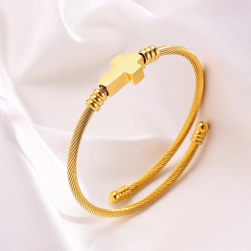 Stainless Steel Cable Bangle Bracelet Women's Heart and Cross Charm Adjustable Open Cuff Fashion Jewelry Accessories Wholesale