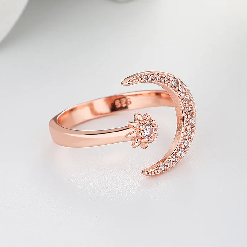 Hot Sale Elegant Dainty Moon and Star Open Rings Women Adjustable Cubic Zirconia Celestial Design Fashion Jewelry Gift Wholesale
