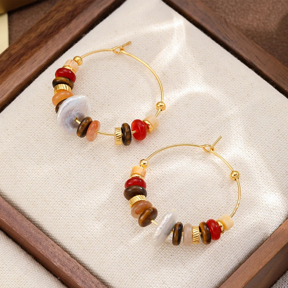 Fashion Natural Stone Baroque Pearl Tiger Eye Stone Hoop Earrings for Girls Sweet Jewelry for Women Ladies Wholesale Bulk