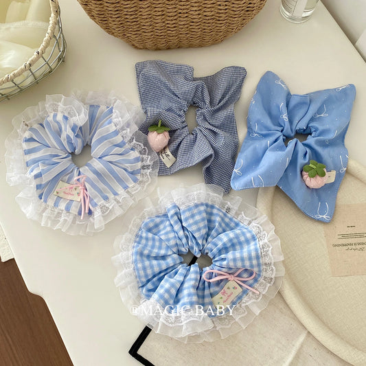 Cute Elegant Stripe Plaid Lace Sweet Scrunchies Baby Girls Graceful Fashion High Quality Durable Hair Ties Kids Children Hair