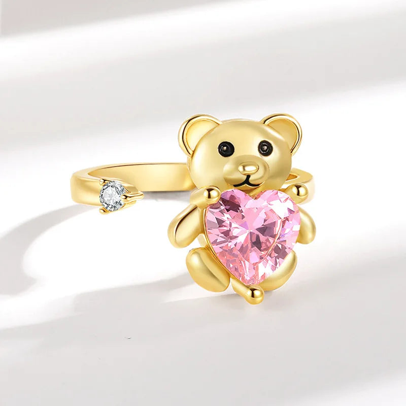 Cute Little Bear Rotating Rings Cartoon Pink Heart Stress-relief Rings for Women Couple Gift Trendy Accessory Wholesale Hot Sale