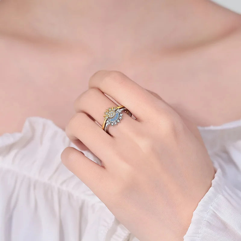 Women's Simple Design Sun Moon Shining Stacked Ring with Zircon Glitter Elegant Ring European and American Custom Jewelry Bulk