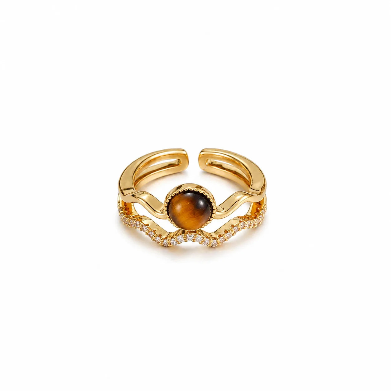 Fashion Tiger Eye Stone Copper 18K Gold Freshwater Pearl Rings for Girls Trendy Cubic Zirconia Jewelry for Women Lady Wholesale