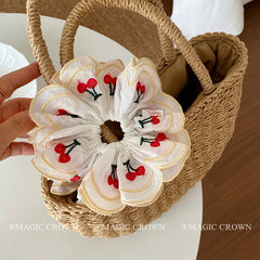 Female Three Layer Cherry Print Large Ponytail Holder Scrunchies Elegant Chic High Elastic Hair Ties Accessories for Women Daily