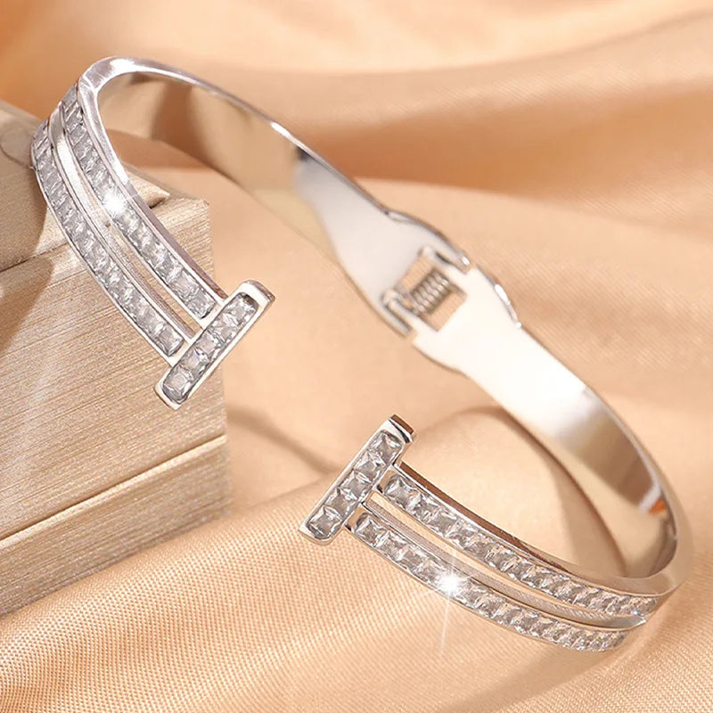Fashion Elegant Fine Glitter Bangles Titanium Steel Minimalist Trendy Jewelry for Women Ladies Bracelets Accessories Wholesale