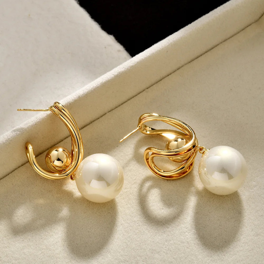 Gold Geometric Pearl Drop Earrings Women's Elegant Large Imitation Pearl Dangle Earrings Fashion Jewelry Accessories Wholesale