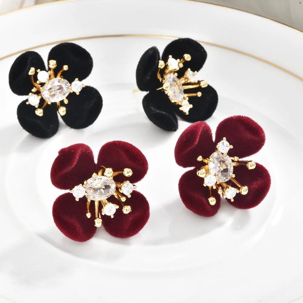 Retro Burgundy Flocked Flower Stud Earrings Ultra-Shiny Zircon-Inlaid Earrings Unique Design Elegant Ear Studs Autumn and Winter