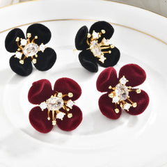 Retro Burgundy Flocked Flower Stud Earrings Ultra-Shiny Zircon-Inlaid Earrings Unique Design Elegant Ear Studs Autumn and Winter