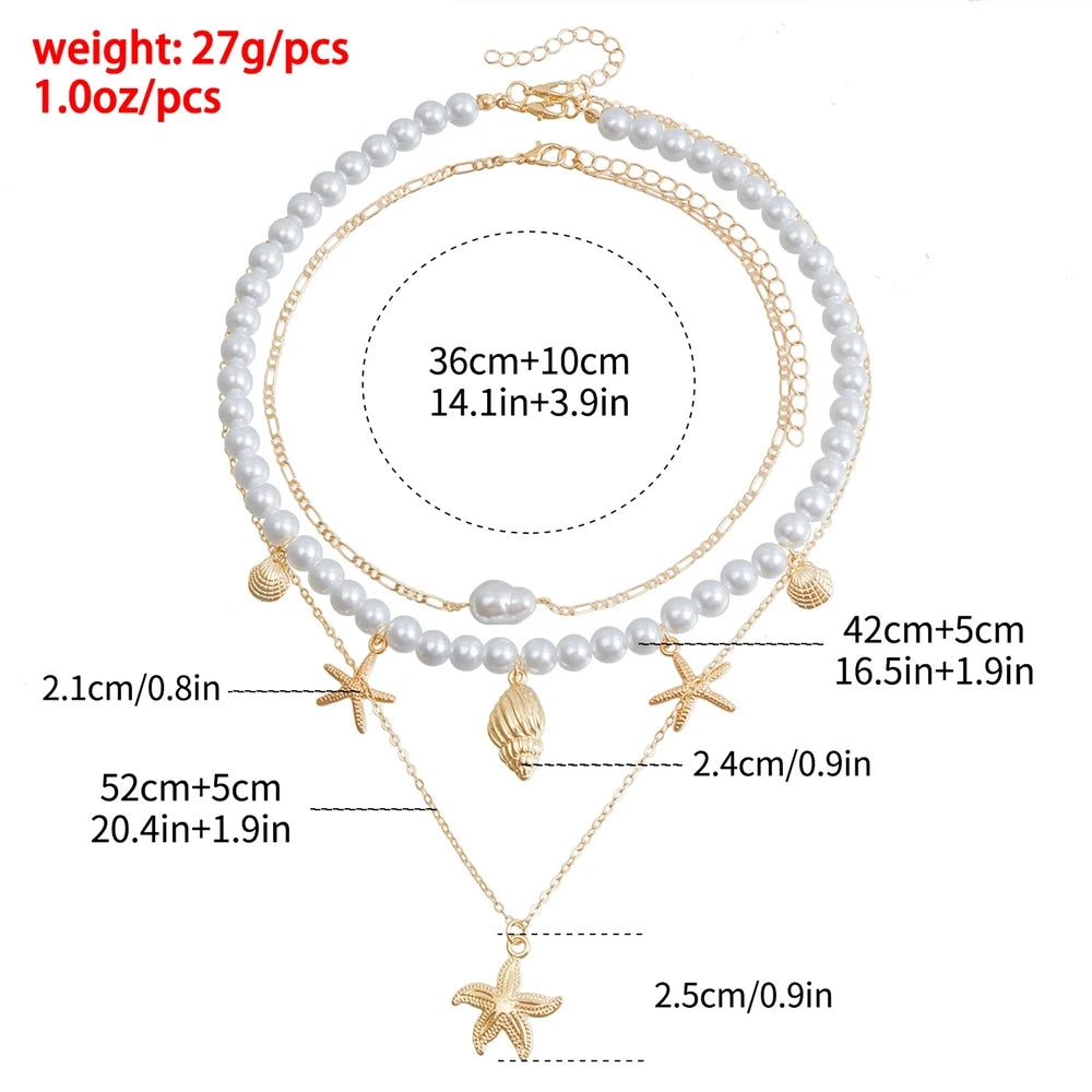 Fashion Imitation Pearl Ocean Star Layered Wearing Necklaces for Girls Sweet Elegant Dainty Jewelry for Women Ladies Accessories