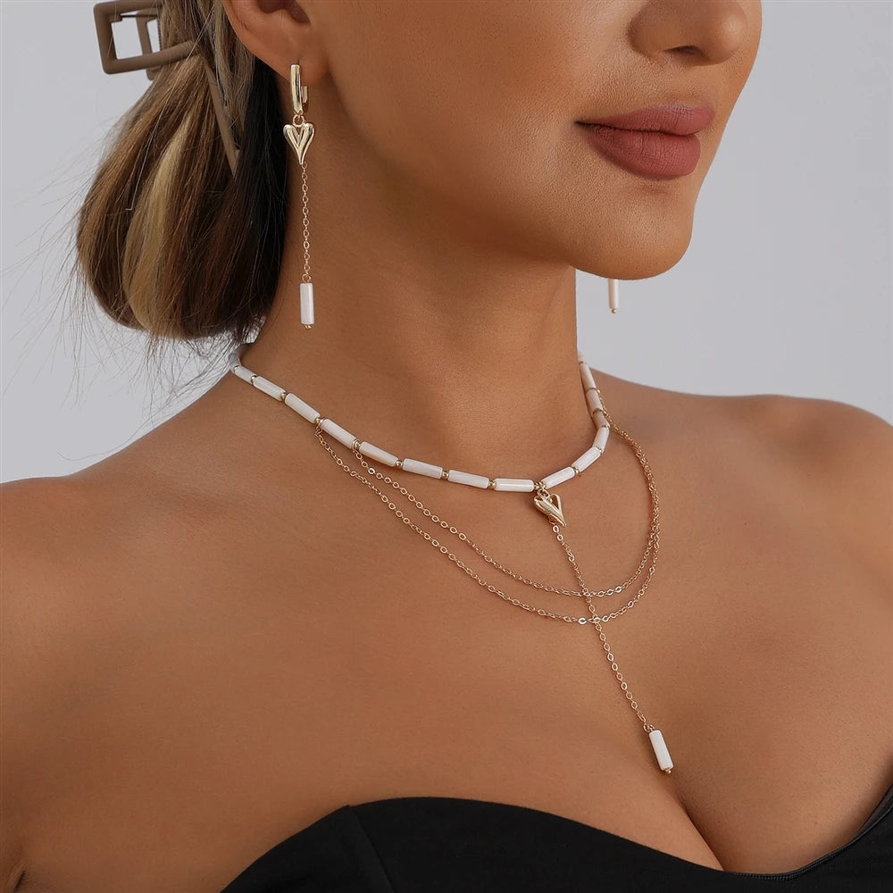 Fashion INS Style Heart Shaped Elegant Necklaces for Girls Sweater Chains Jewelry Sets Suits for Women Ladies Accessories
