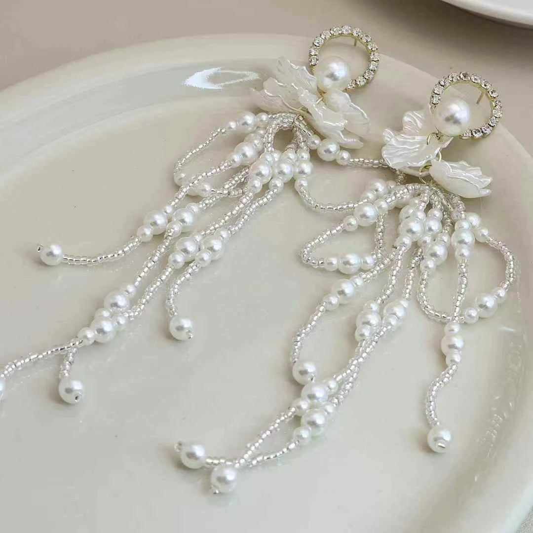 Fashion Elegany Sweet Flower Floral Trendy Drop Earrings for Girls Tassel Princess Style Jewelry for Women Ladies Accessories