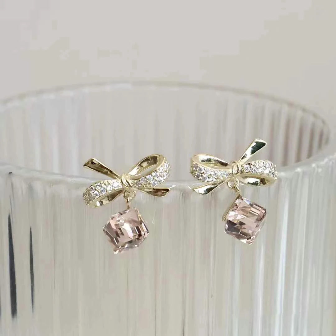 Sweet Fashion Elegant Flowers Floral Bowknot Rhinestone Drop Earrings for Girls Refined Glitter Jewelry for Women Accessories