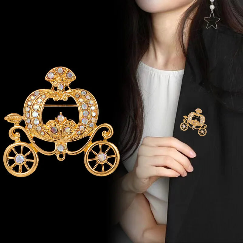 Sweet Princess Pumpkin Cart Glitter Sparking Brooches for Girls Sweet Elegant Stylish Pins Jewelry for Women Ladies Accessories