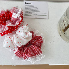 Girls Red Lace Dots Grid Small Scrunchies Fashion Sweet Wholesale in Stock Hair Ties Accessories for Children Daily School Use