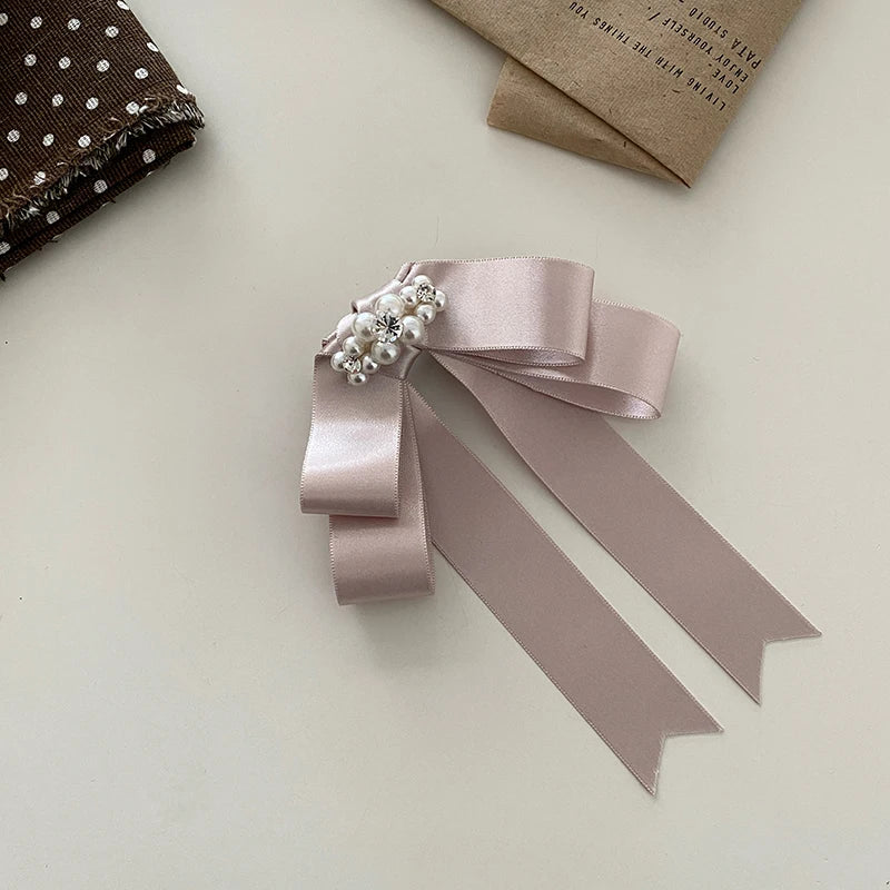 Korean Princess Satin Ribbon Bow Hairpin with Imitation Pearl High-end Hair Clips for Women Sweet Elegant Hair Accessories Bulk