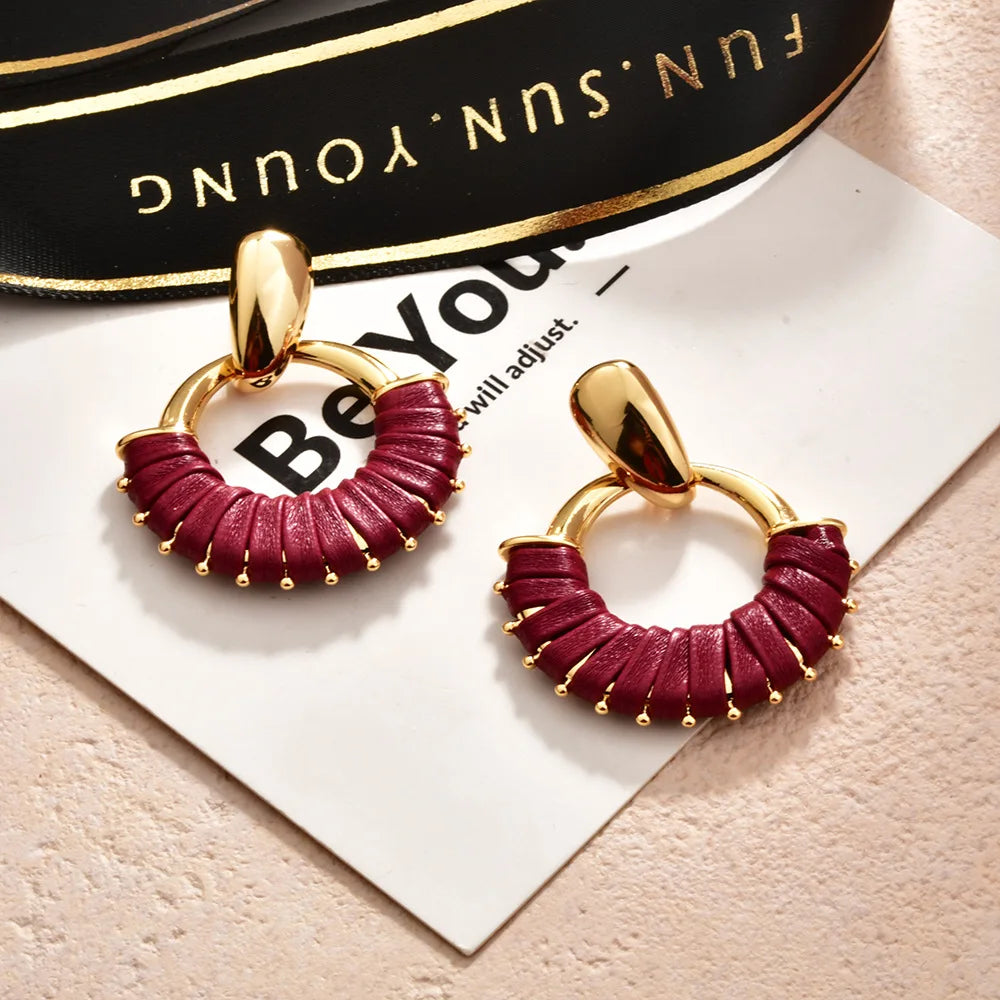 High Quality Leather Wrapped Circular Hoop Earrings for Women Vintage Bohemian Woven Trendy Statement Jewelry Accessories Bulk