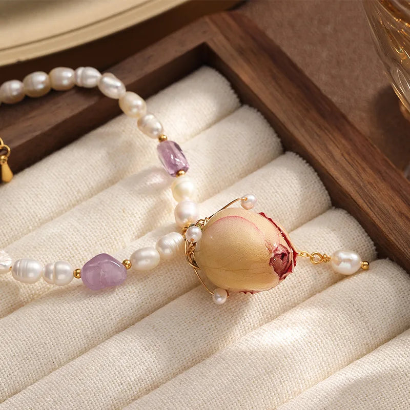 Female  Charms Luxury Freshwater Pearl Natural Stone Dried Rose Flowers Bracelet Low MOQ in Stock Elegant Jewelry for Causal