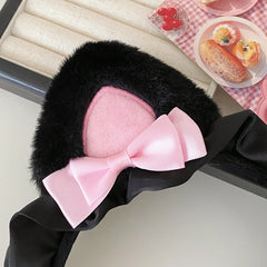 Hot Sale Cat Ear Pink Bowknot Large Black Downy Headbands Sweet Cute Wig Bands Wholesale in Stock Hairbands for Women Accessory